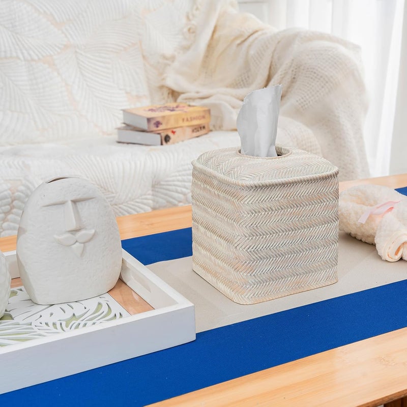 Polytree Tissue Box Cover Square Resin Tissue Holder for Home Decor,Hand Carved Wicker Tissue Box Holder,5.3 x 5.3 x 5.9 inches, Farmhouse White - Image 2